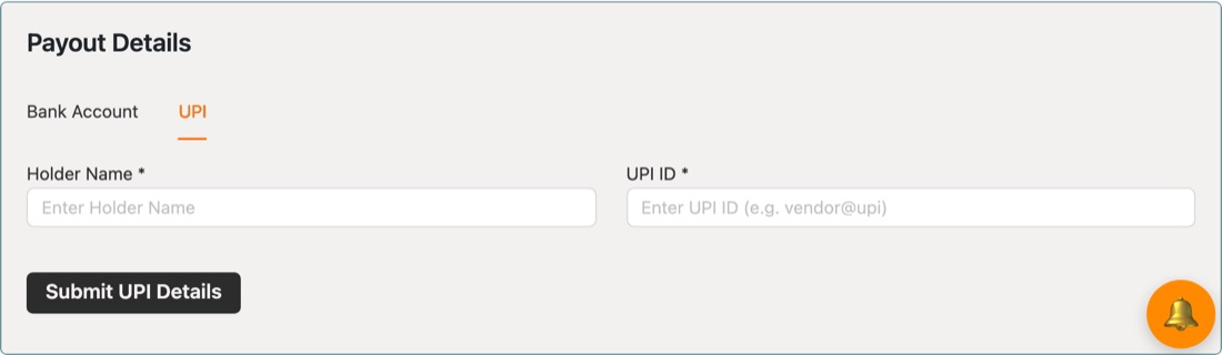 UPI tab: Holder Name, UPI ID, Submit UPI Details
