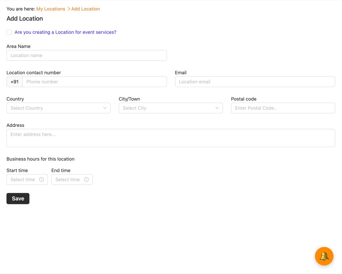 Location form: area name, contact number, email, country, city, postal code, address, business hours, Save