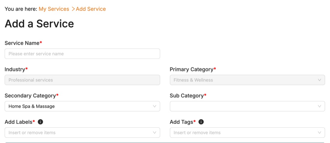 Add a Service form: service name, industry, categories, sub category, labels और tags