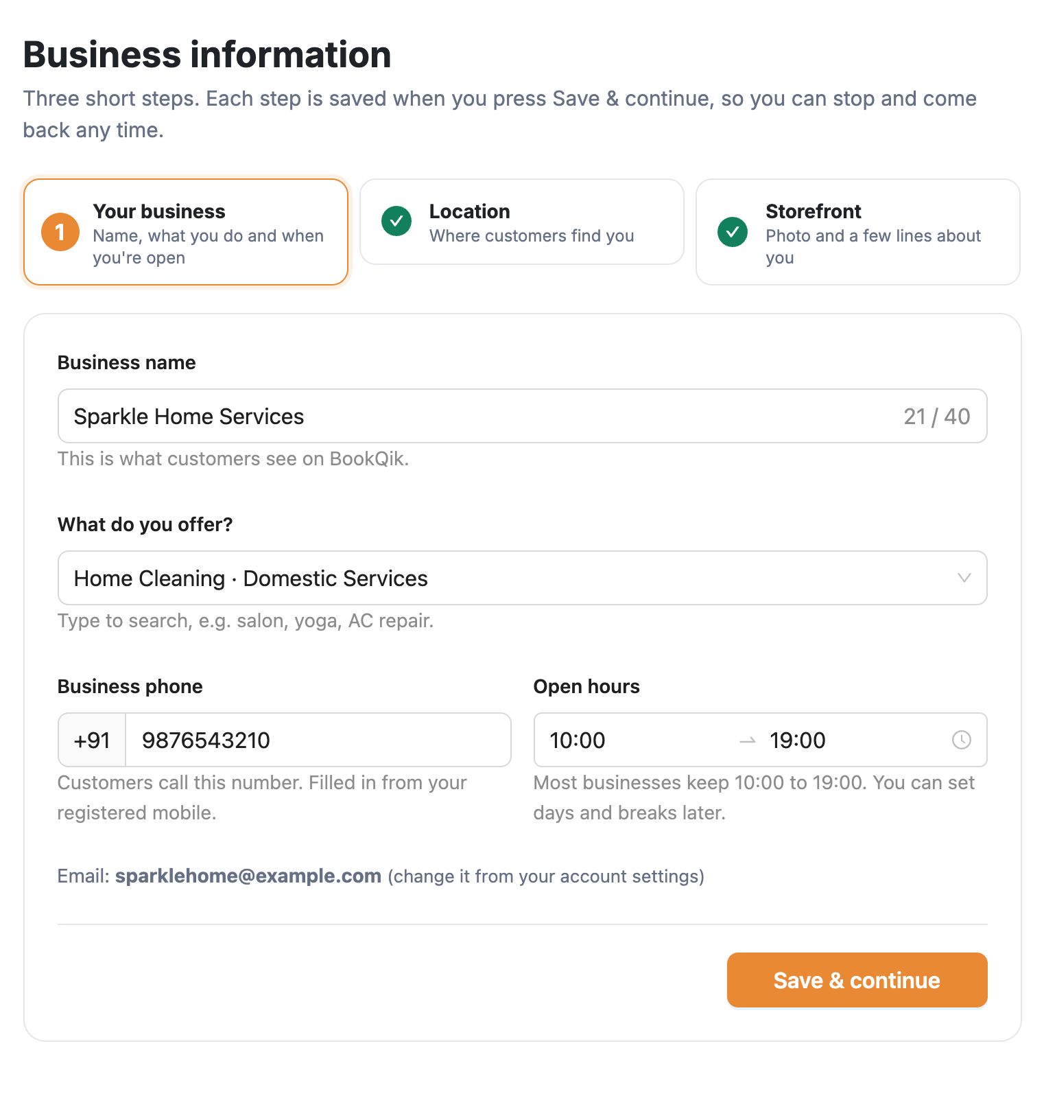 Business information, हिस्सा 1 Your business: business name, What do you offer?, business phone, open hours, Save & continue