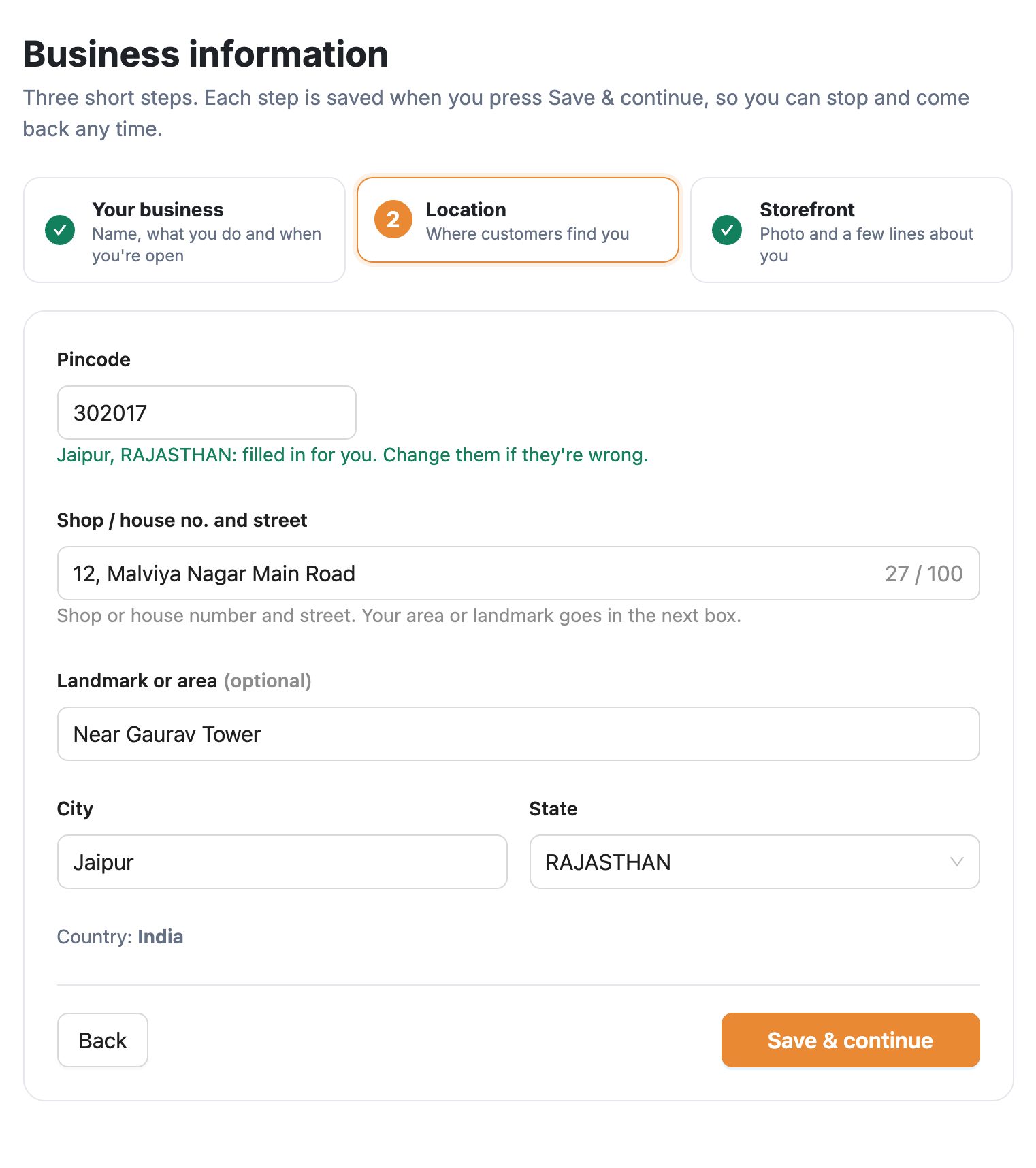 Business information, हिस्सा 2 Location: pincode 302017 से Jaipur, RAJASTHAN अपने आप भरा, address, landmark, city, state
