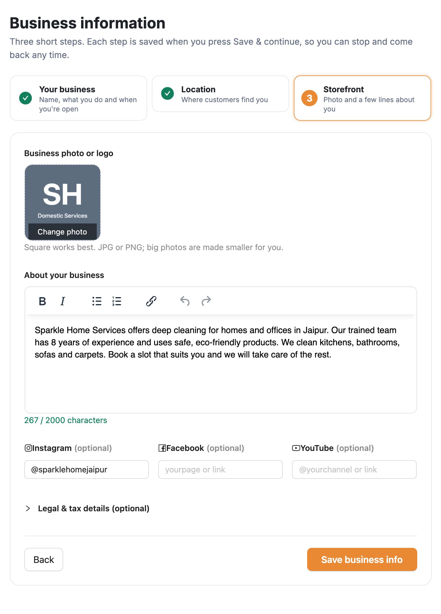 Business information, हिस्सा 3 Storefront: business name से बना logo, About your business, Instagram, Facebook, YouTube, Legal & tax details, Save business info