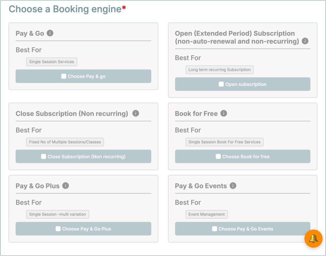 Choose a Booking engine: Pay and Go, Open Subscription, Close Subscription, Book for Free, Pay and Go Plus, Pay and Go Events