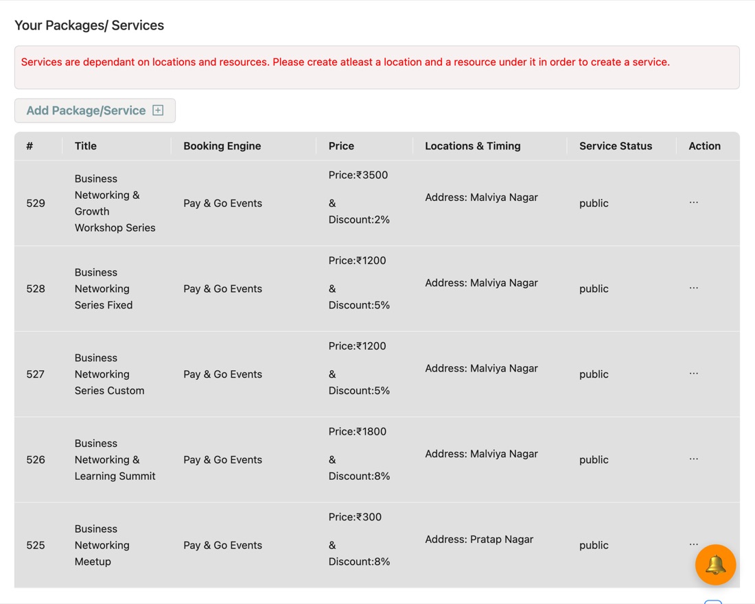 Your Packages / Services list: title, booking engine, price, discount, location और status public